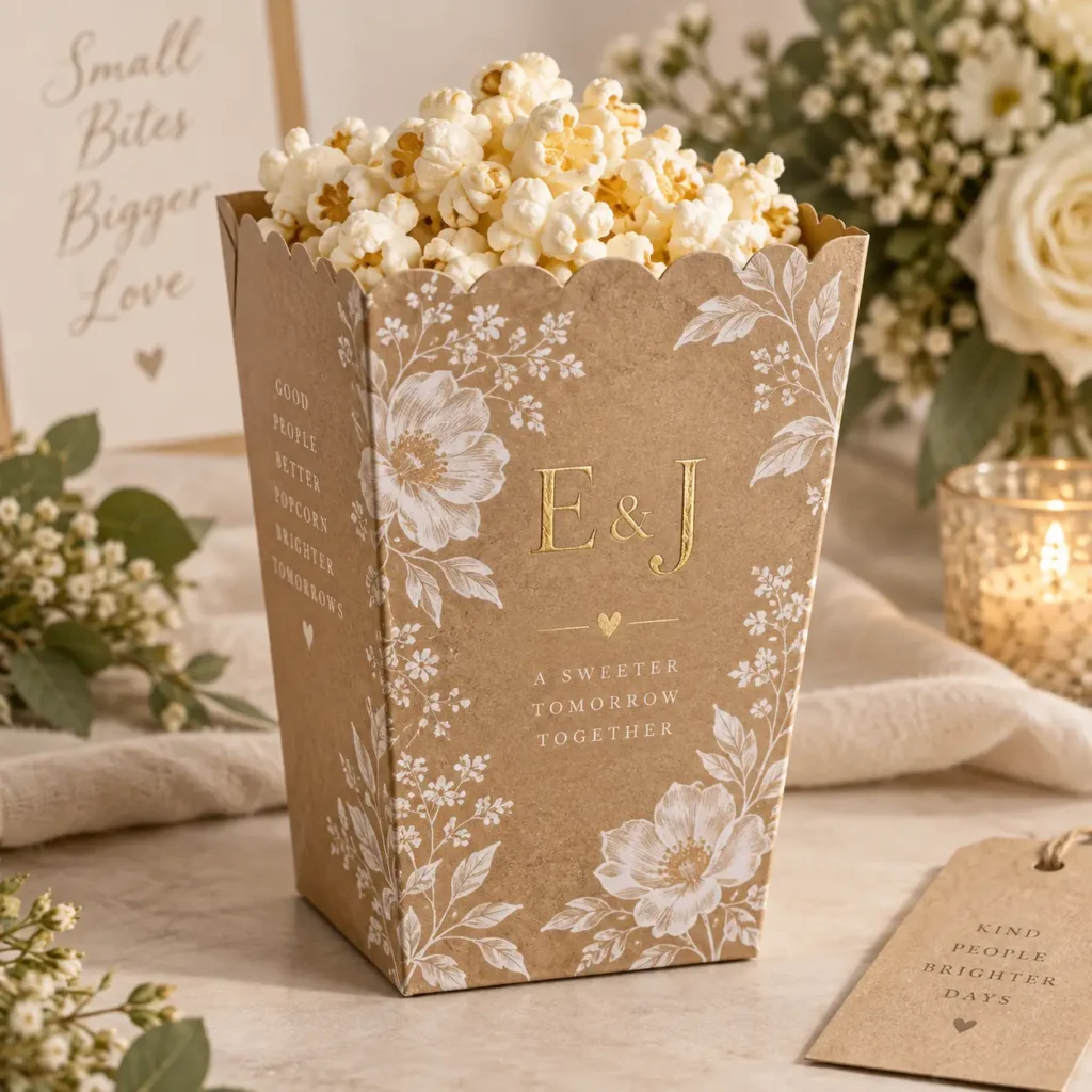 Rustic kraft wedding popcorn box with gold E&J initials, white floral design, scalloped edge, filled with popcorn, elegant decor