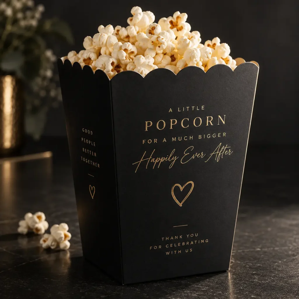 Black gold foil wedding popcorn favor box with Happily Ever After text, elegant custom event packaging by The Packaging Masters