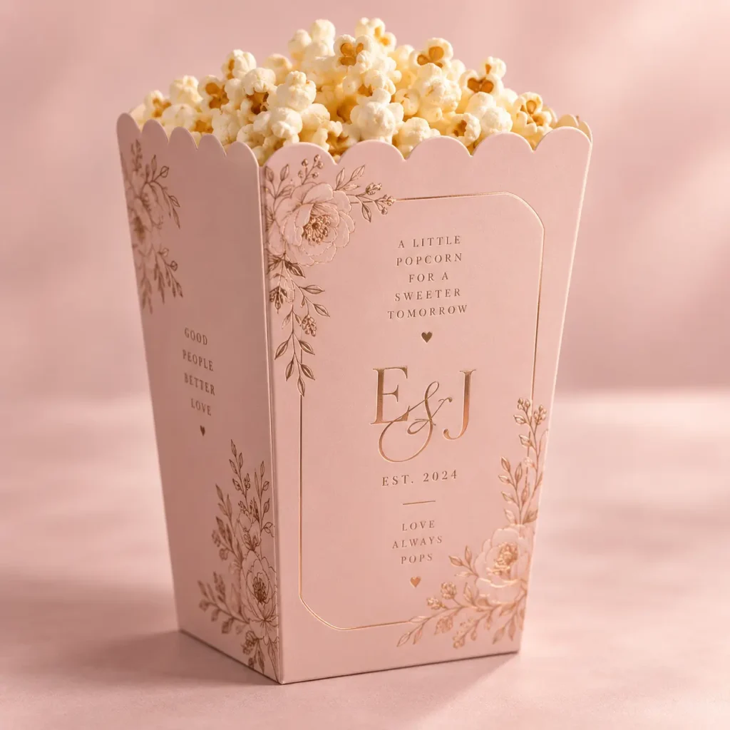 Blush pink custom wedding popcorn box with gold floral design, E&J monogram EST. 2024, filled with popcorn, elegant favor packaging