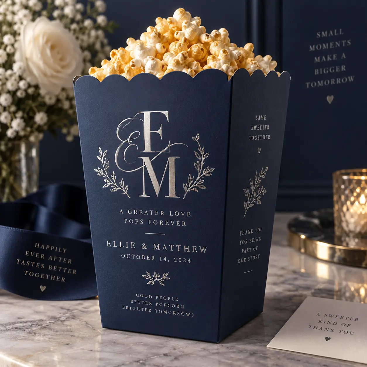 Navy blue custom wedding popcorn box with silver monogram for Ellie & Matthew, October 2024, elegant favor packaging