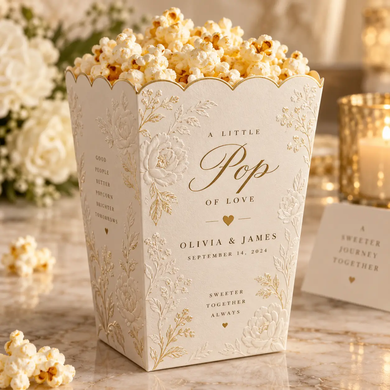 Elegant ivory gold floral wedding popcorn favor box reading A Little Pop of Love for Olivia & James September 2024