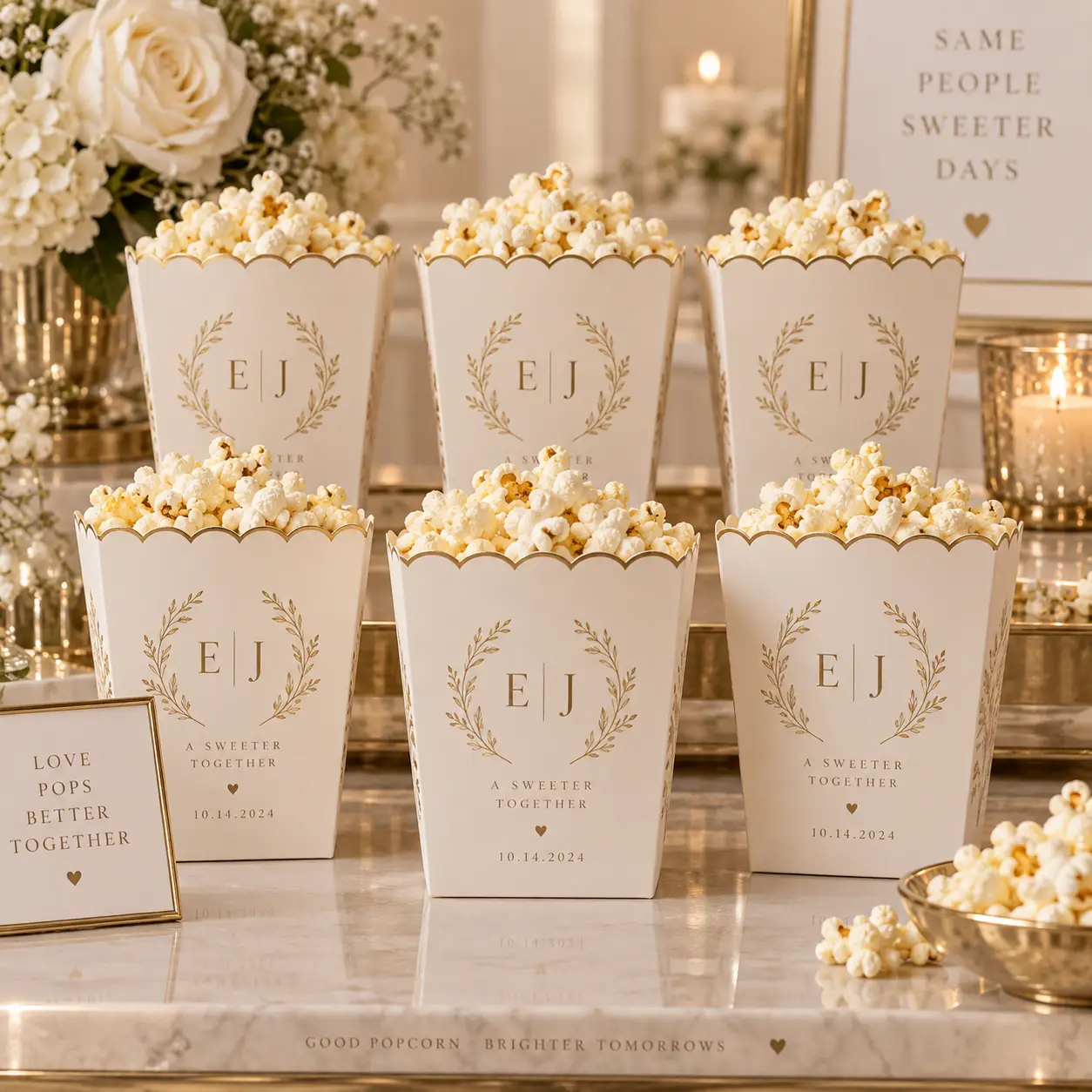 Six ivory gold monogram EJ wedding popcorn boxes with laurel wreath design displayed on marble table with white roses