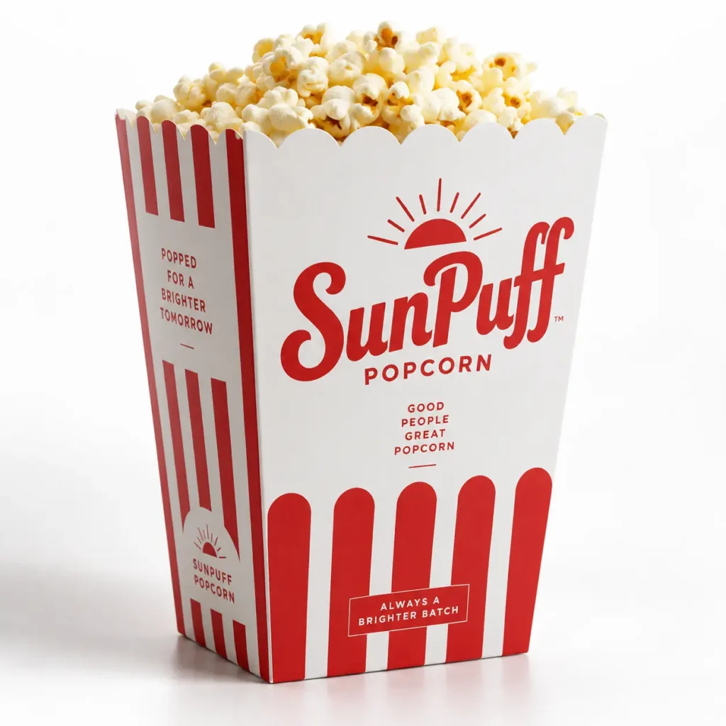 Red and white striped SunPuff Popcorn box overflowing with fresh popcorn, retro food packaging design with bold branding