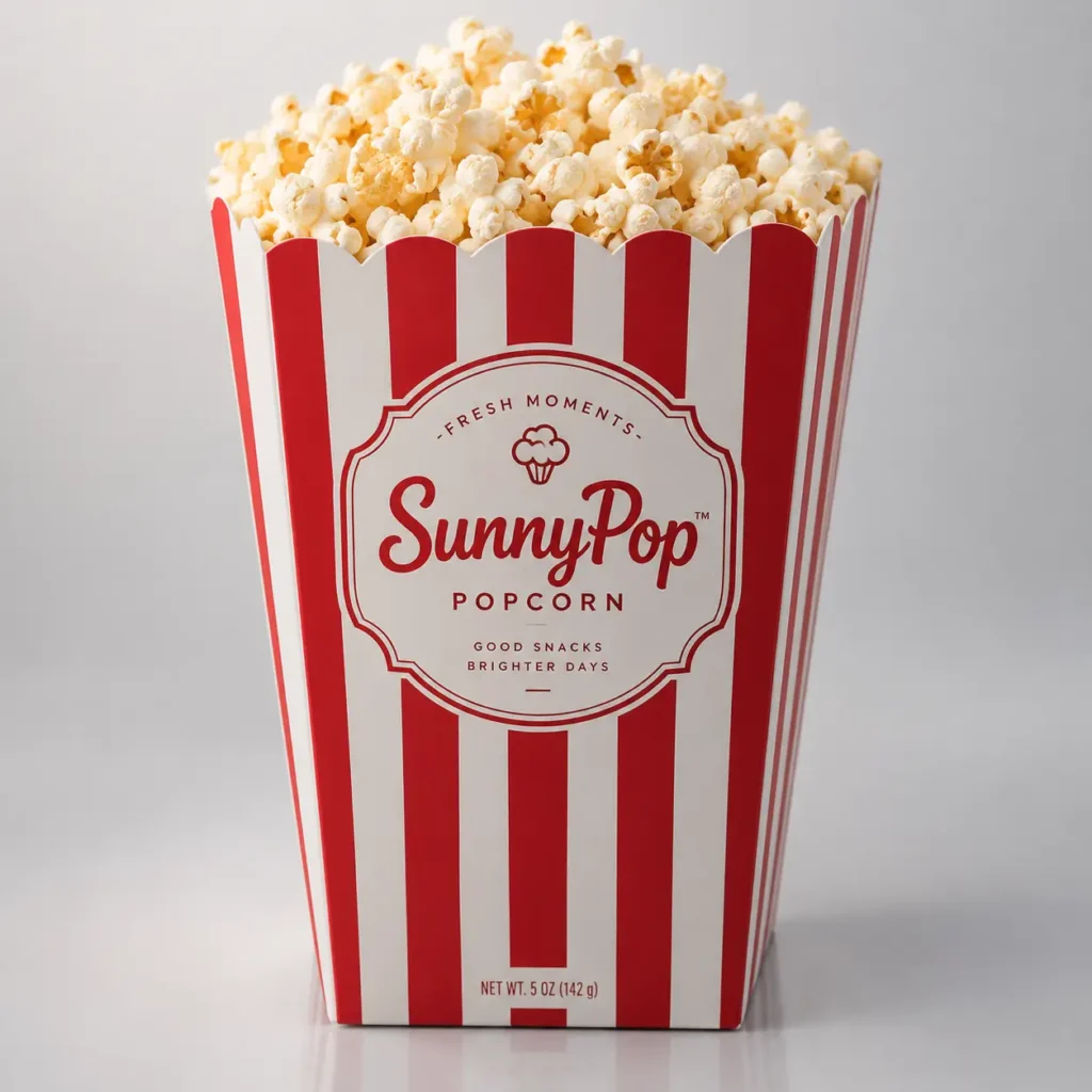 Red and white striped SunnyPop popcorn box packaging overflowing with fresh popcorn, classic retro snack branding design