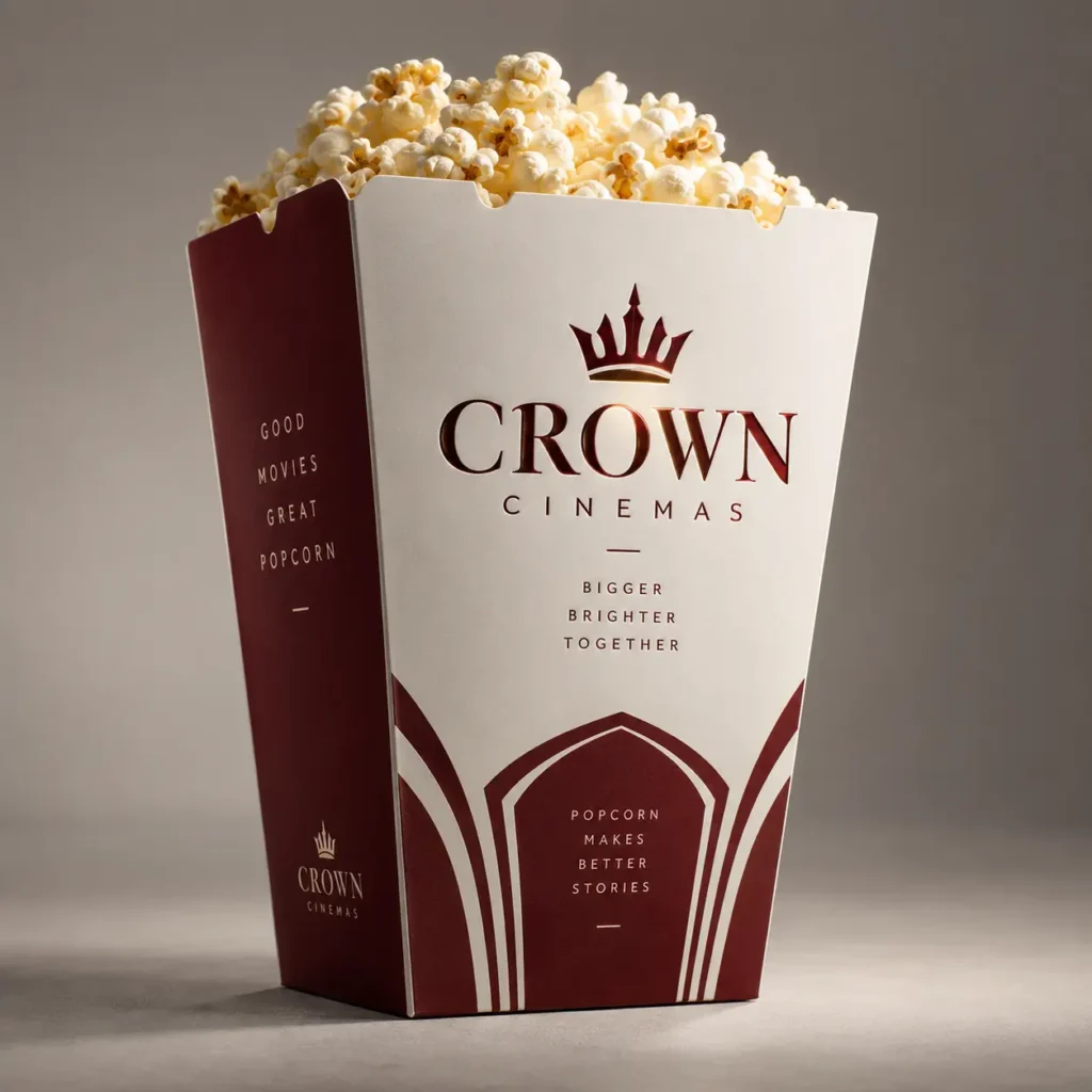 Crown Cinemas luxury popcorn box packaging, white and burgundy with gold crown logo, filled with fresh popcorn, elegant cinema branding design