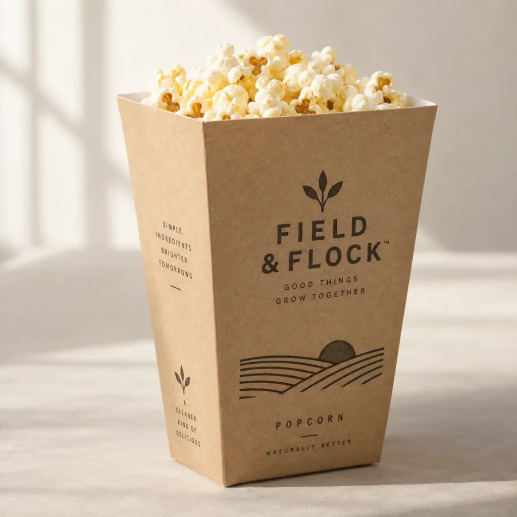 Kraft paper popcorn box packaging design for Field & Flock brand with minimalist farm logo, filled with fresh popcorn, natural tones