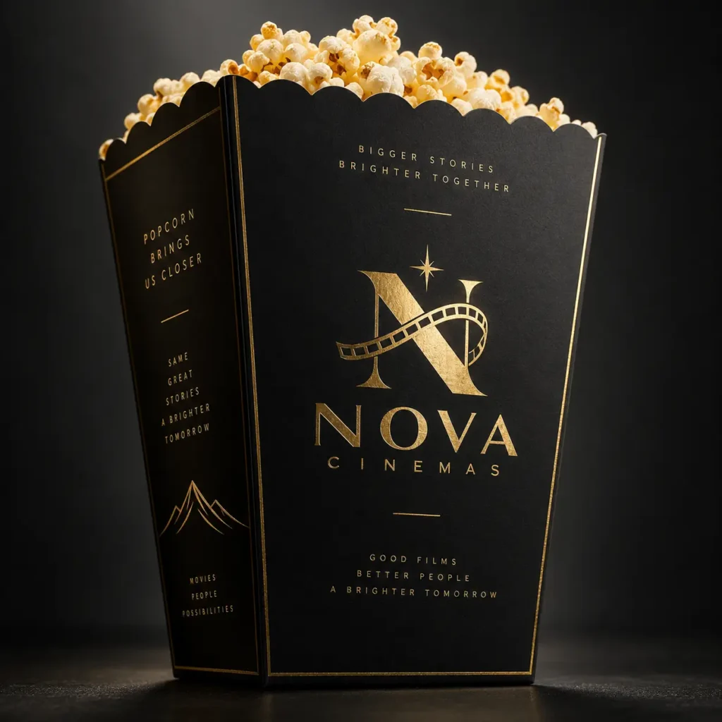 Luxury black gold Nova Cinemas popcorn box packaging design with film reel logo, elegant branding, and scalloped top edge
