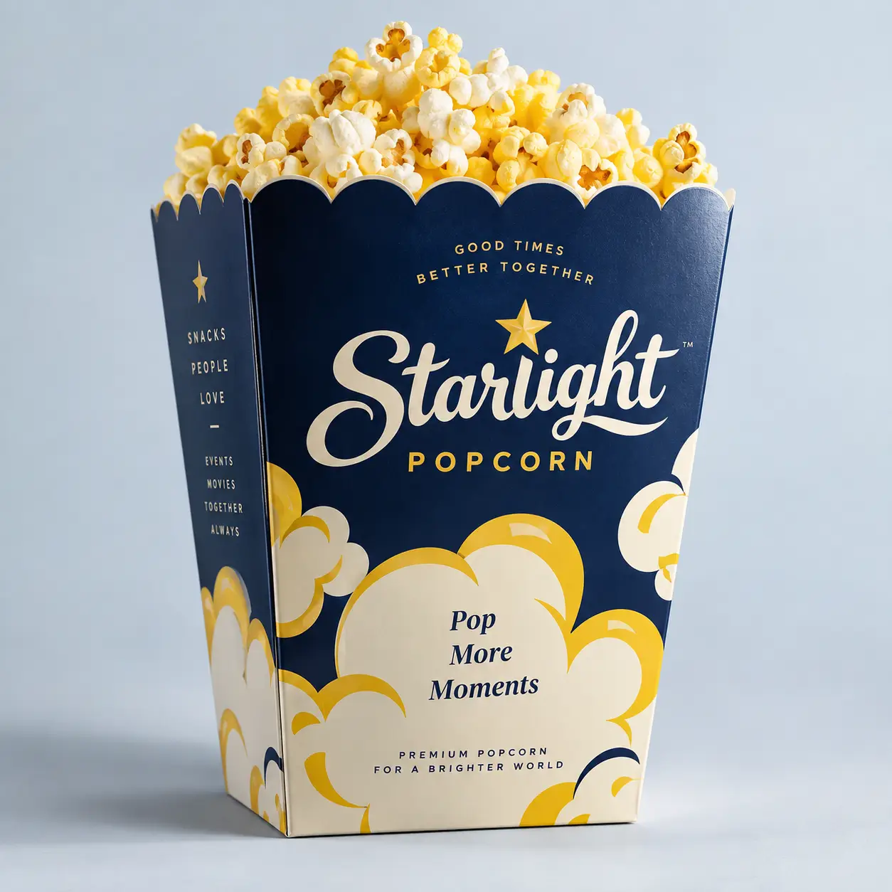Navy blue Starlight Popcorn premium box overflowing with buttery yellow popcorn, gold star logo, Pop More Moments packaging design