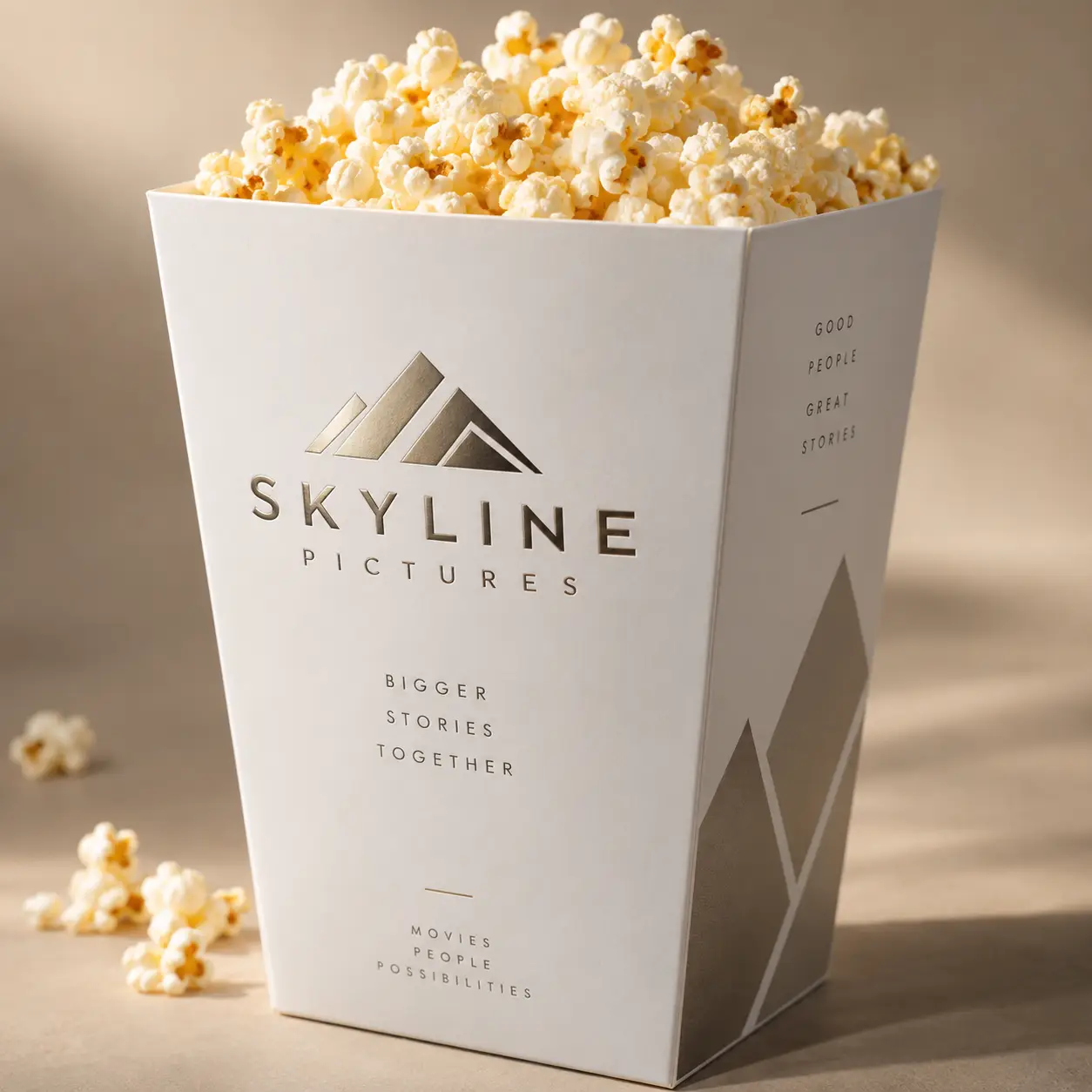 White luxury popcorn box with silver Skyline Pictures logo and mountain design, filled with buttered popcorn, elegant custom packaging