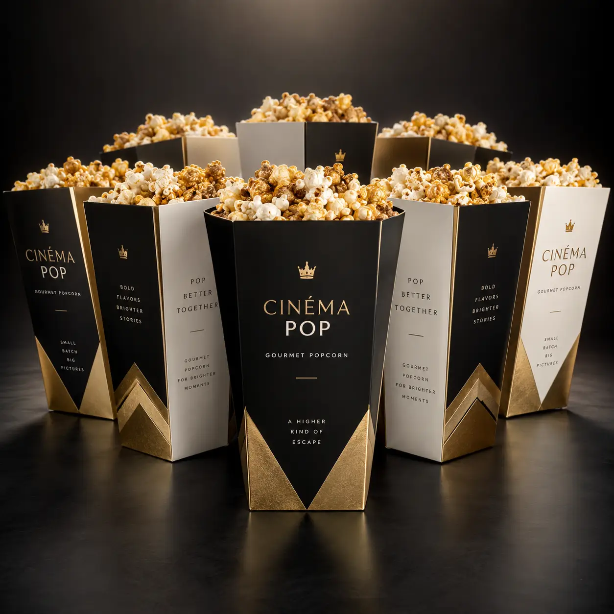 Luxury Cinema Pop gourmet popcorn boxes in black, white, and gold arranged in a semicircle, overflowing with caramel popcorn on dark background