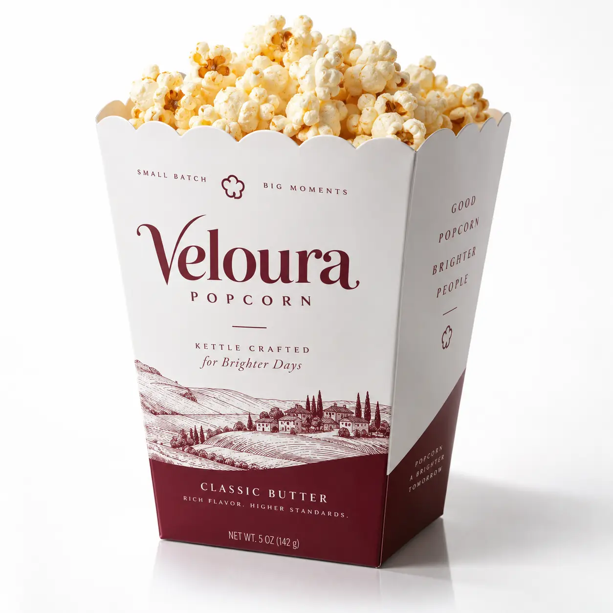 Veloura Classic Butter Popcorn box, white and burgundy kettle-crafted packaging, overflowing with fresh popcorn, elegant product design