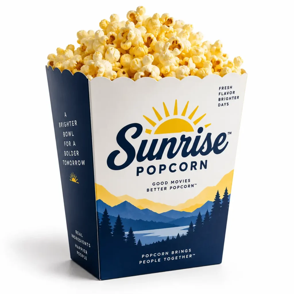 Sunrise Popcorn navy blue movie bucket box with mountain landscape, yellow sun logo, overflowing buttered popcorn, bold packaging design