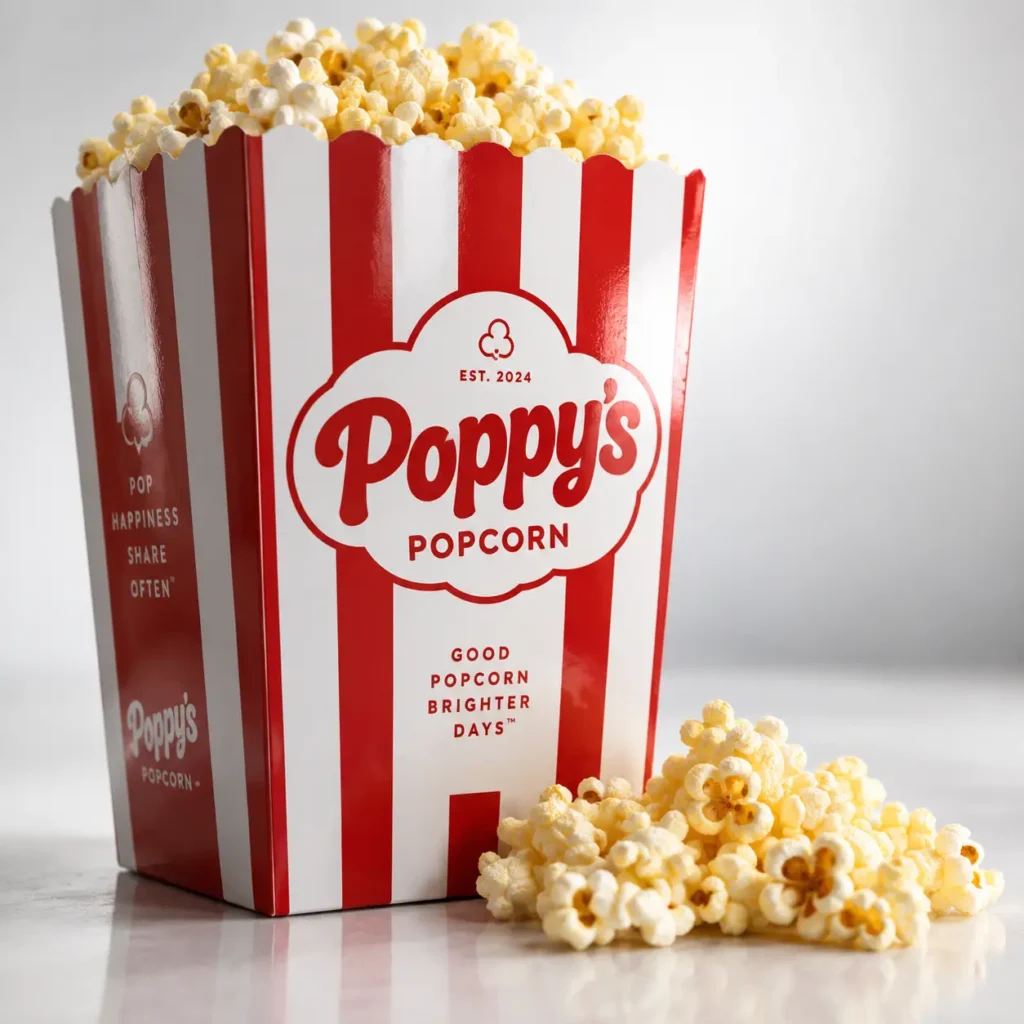 Red and white striped Poppy's Popcorn box overflowing with buttery popcorn, classic retro food packaging design, EST. 2024