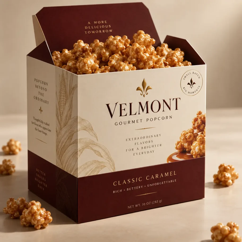 Velmont Gourmet Popcorn luxury packaging box classic caramel flavor burgundy cream elegant premium snack branding design