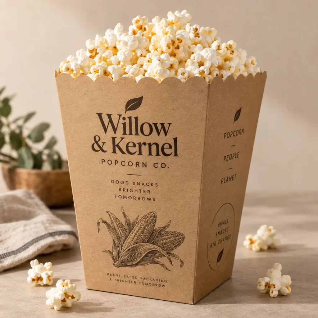 Kraft popcorn box packaging design for Willow & Kernel Co. overflowing with fresh popcorn, eco-friendly plant-based branding