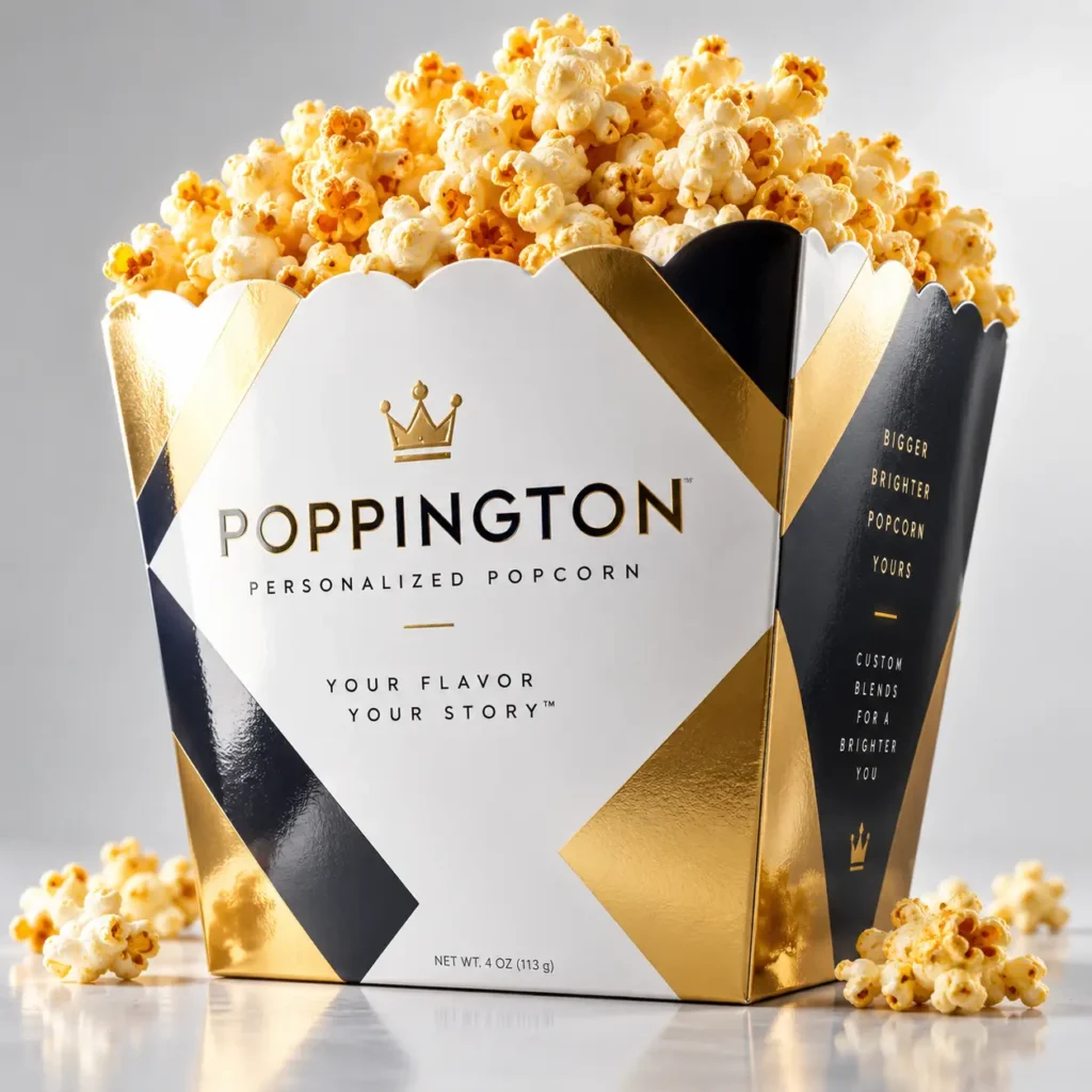 Poppington personalized popcorn box in gold, black, white geometric luxury packaging overflowing with golden caramel popcorn
