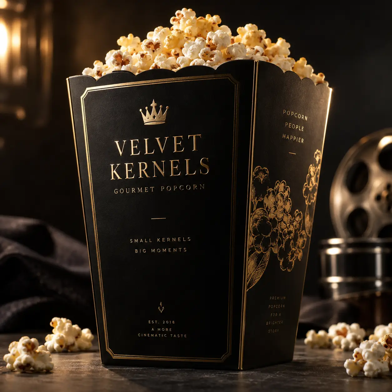 Luxury black gold foil Velvet Kernels gourmet popcorn box packaging design with cinematic film reel backdrop