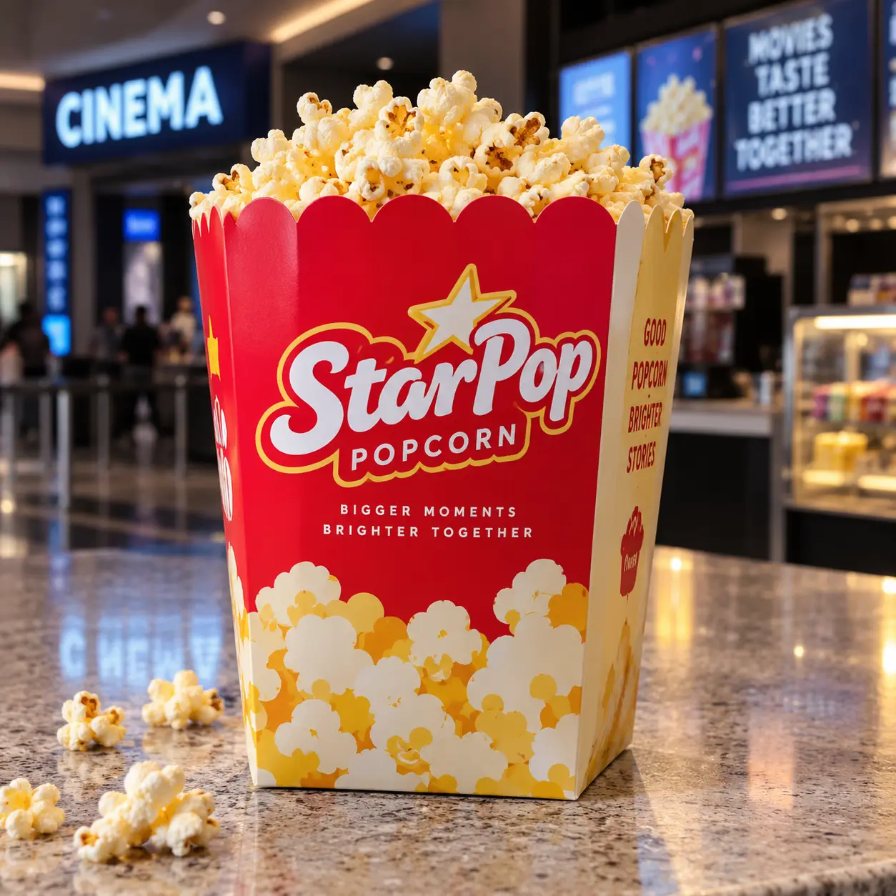 Red and yellow StarPop Popcorn custom cinema box overflowing with fresh popcorn on counter, branded packaging design