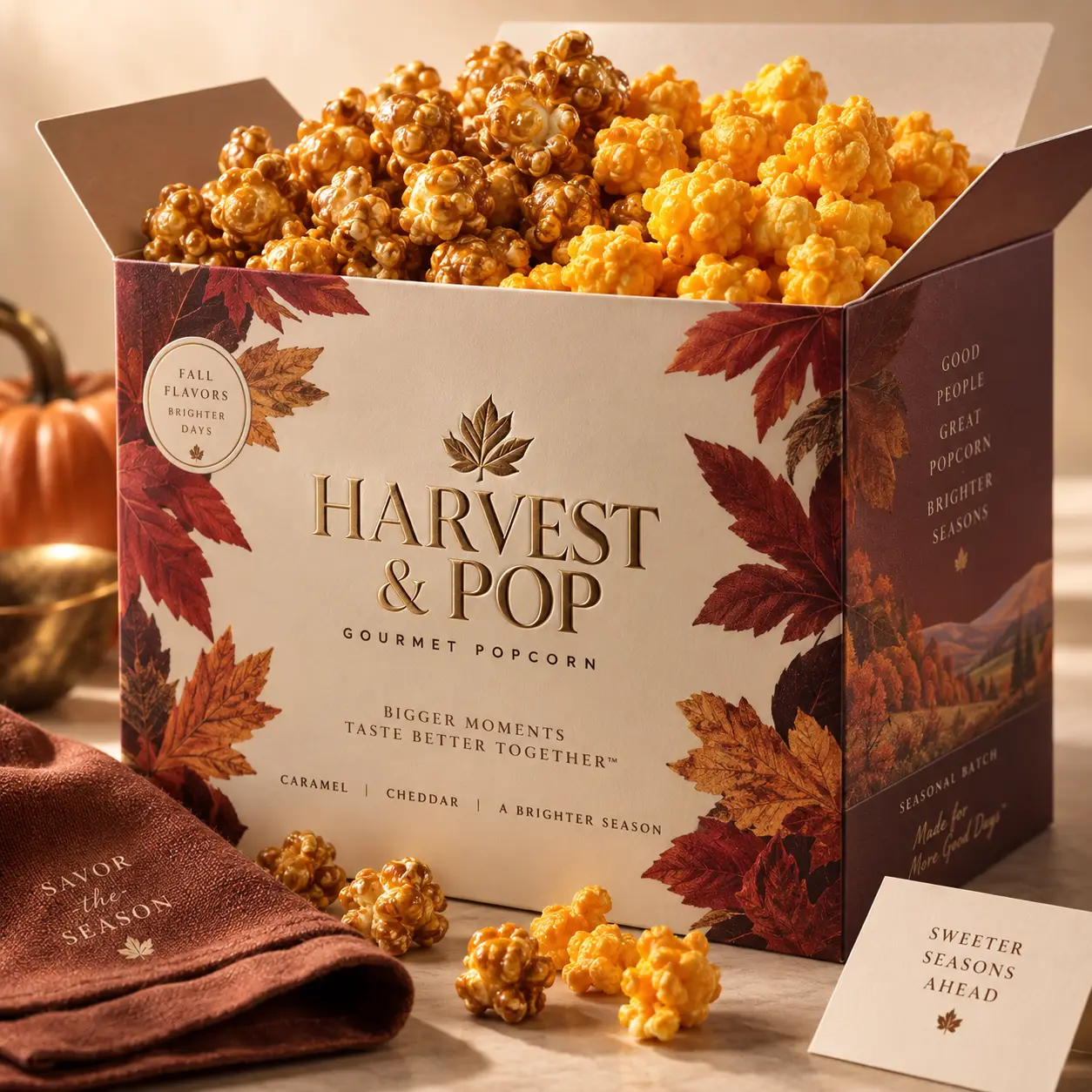 Harvest & Pop gourmet popcorn gift box overflowing with caramel and cheddar popcorn, fall seasonal packaging with autumn leaves design