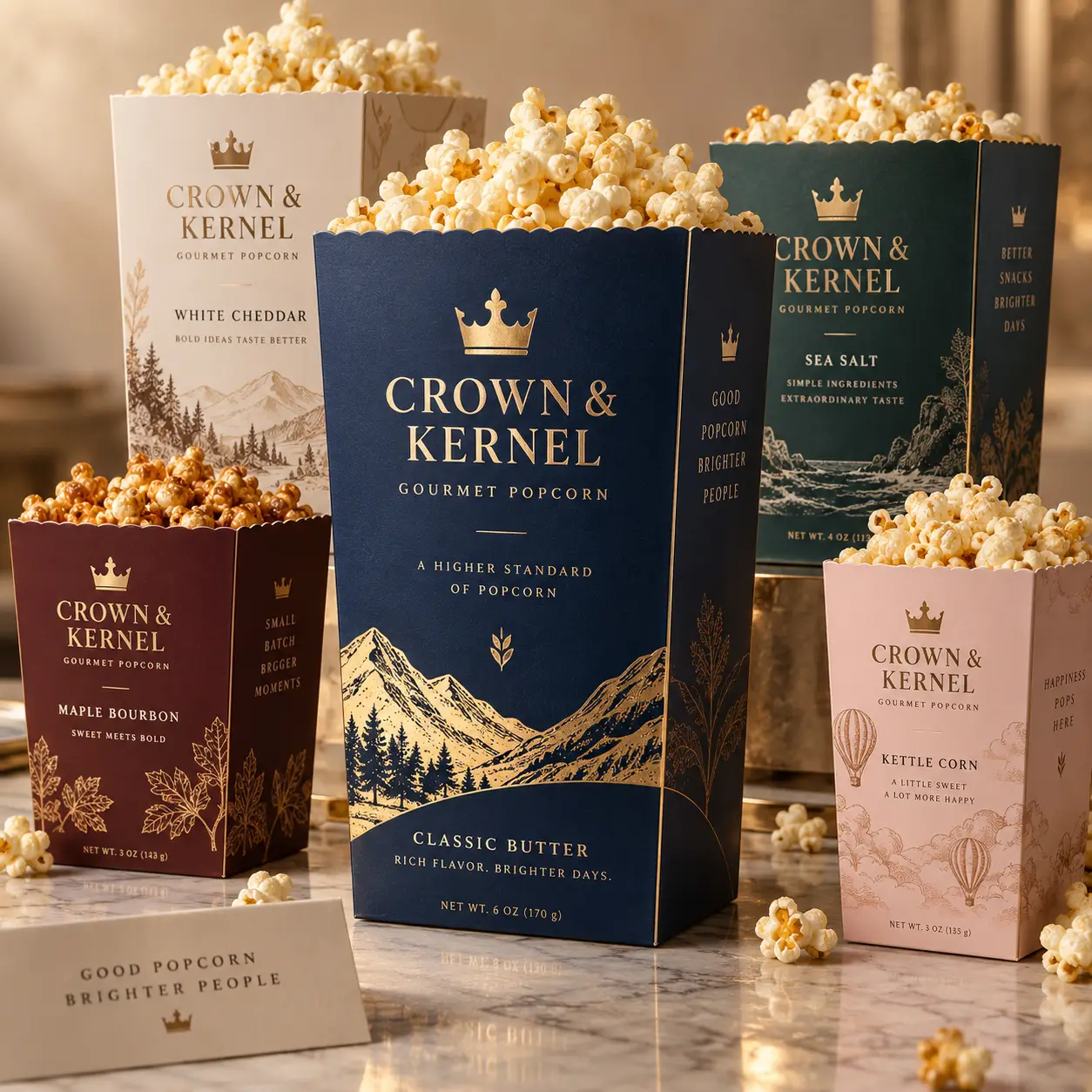 Crown & Kernel gourmet popcorn packaging lineup in navy, burgundy, teal, pink, and white luxury boxes on marble surface