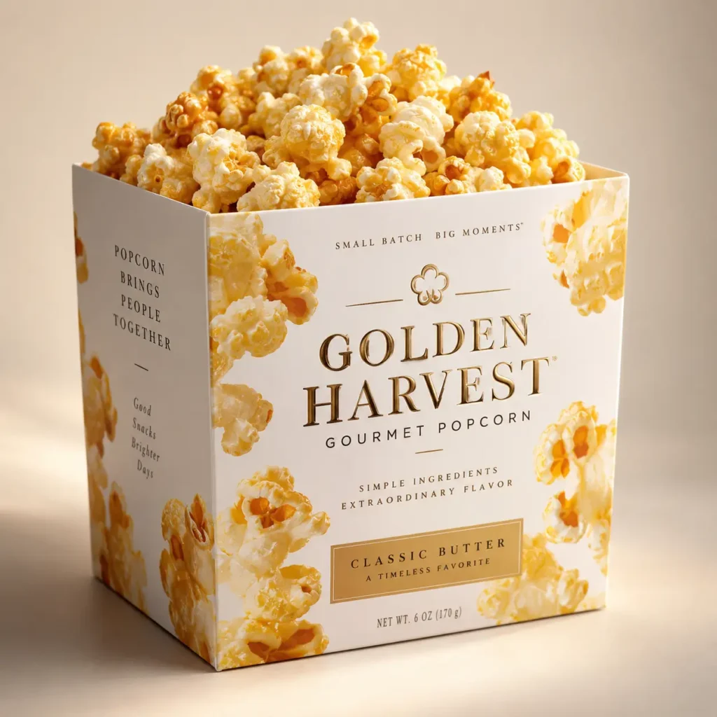 Golden Harvest gourmet popcorn white luxury box overflowing with classic butter popcorn, gold elegant packaging design