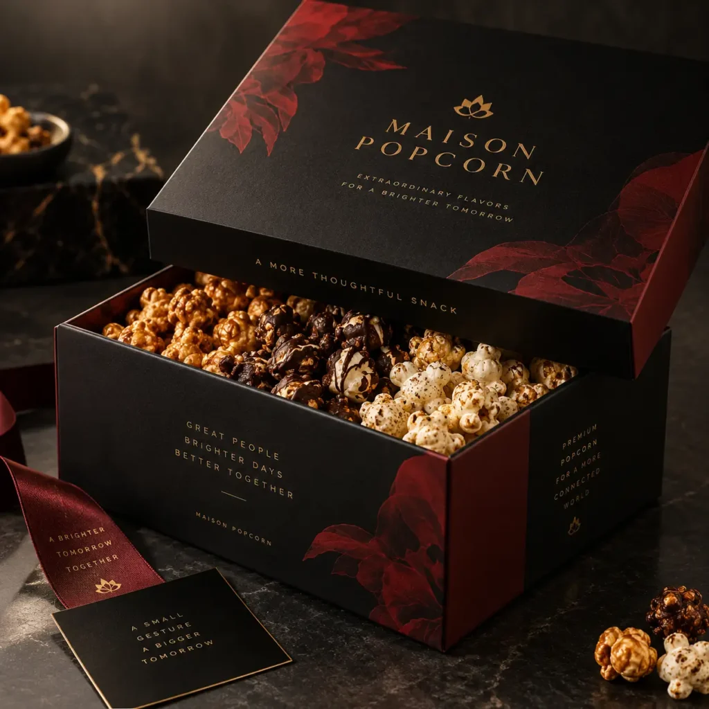 Luxury Maison Popcorn black gold gift box with dark chocolate caramel white popcorn flavors, red floral packaging design