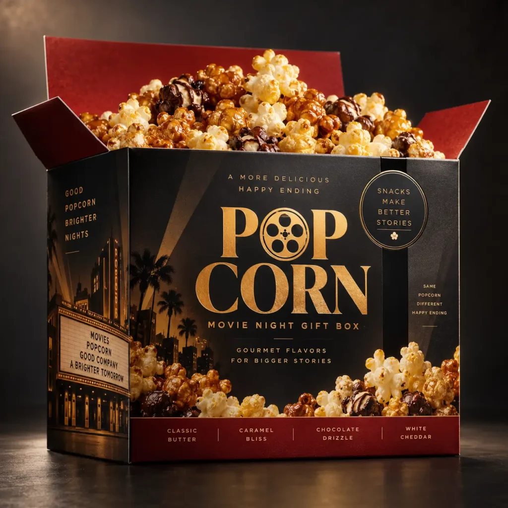 Luxury black gold popcorn movie night gift box overflowing with gourmet caramel chocolate butter flavors premium packaging design