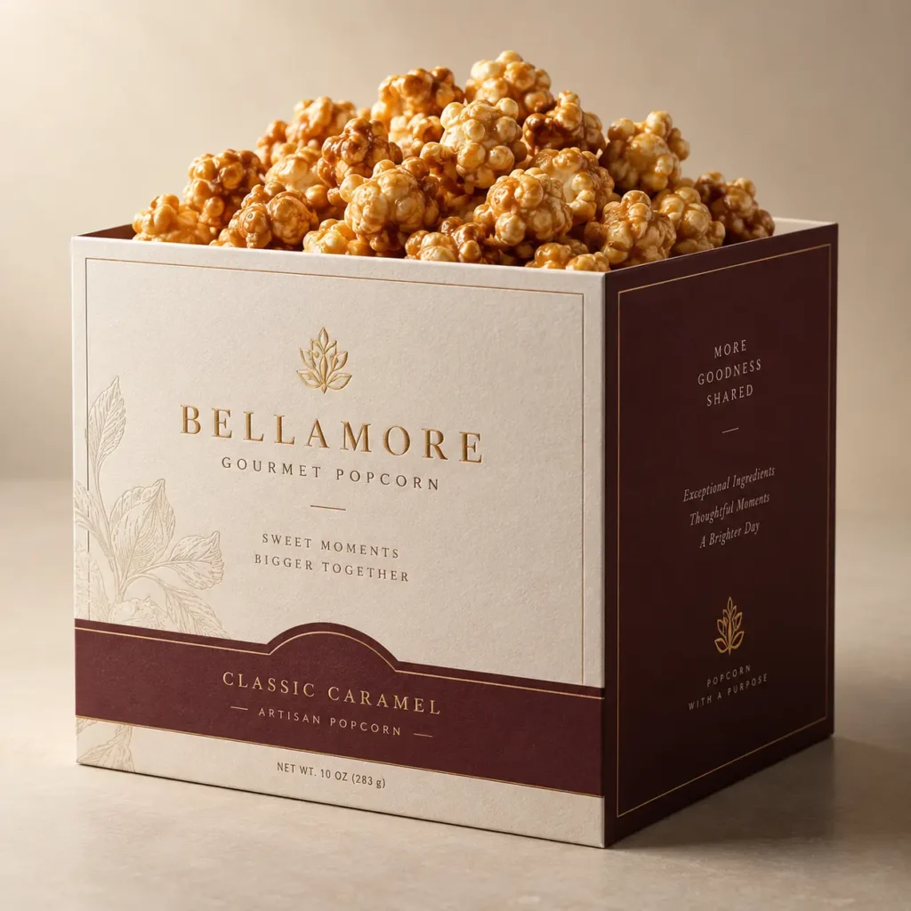 Bellamore gourmet caramel popcorn luxury gift box, cream and burgundy packaging with gold foil branding, overflowing artisan snack