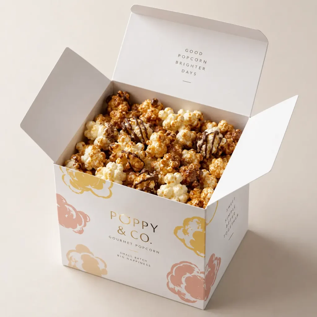 White gourmet popcorn gift box by Poppy & Co. overflowing with caramel chocolate drizzled popcorn, elegant floral packaging design