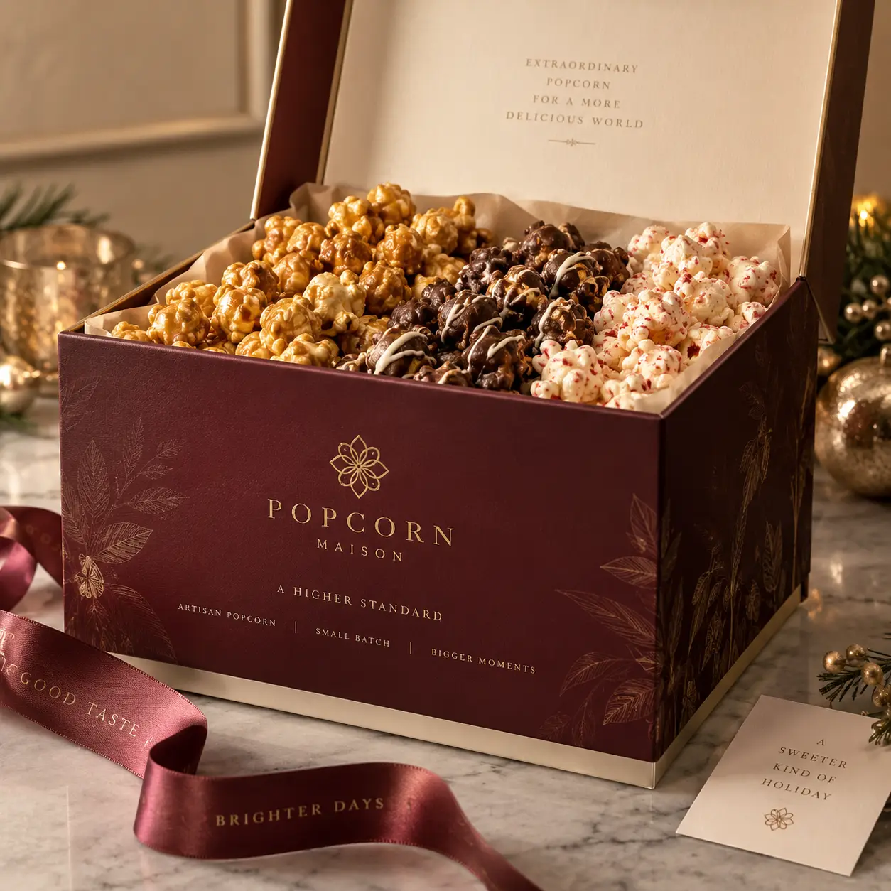 Luxury holiday gift box packaging by Popcorn Maison in deep burgundy gold, filled with artisan caramel chocolate peppermint popcorn