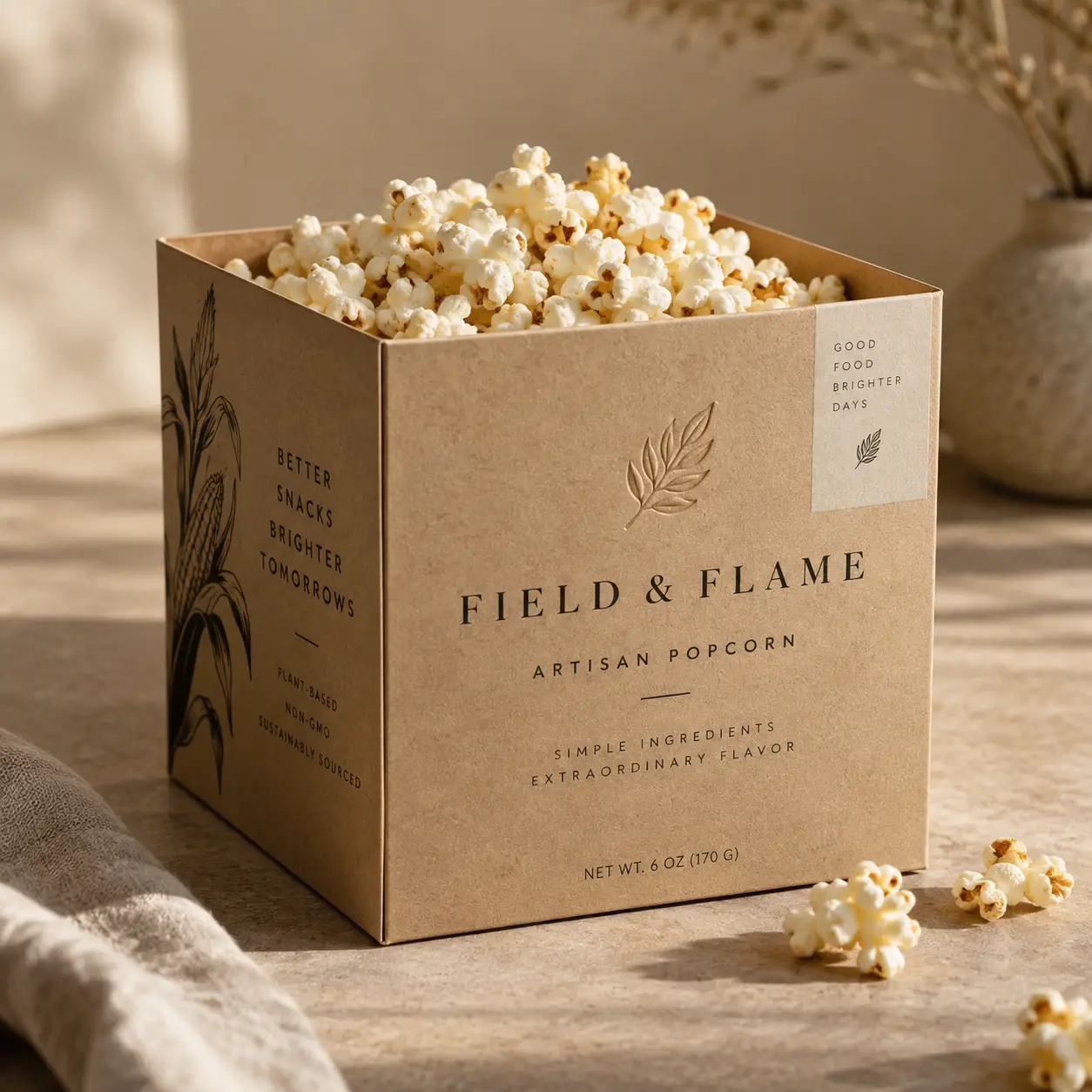 Kraft paper artisan popcorn box packaging design for Field & Flame, filled with fresh popcorn, warm neutral tones, minimalist branding