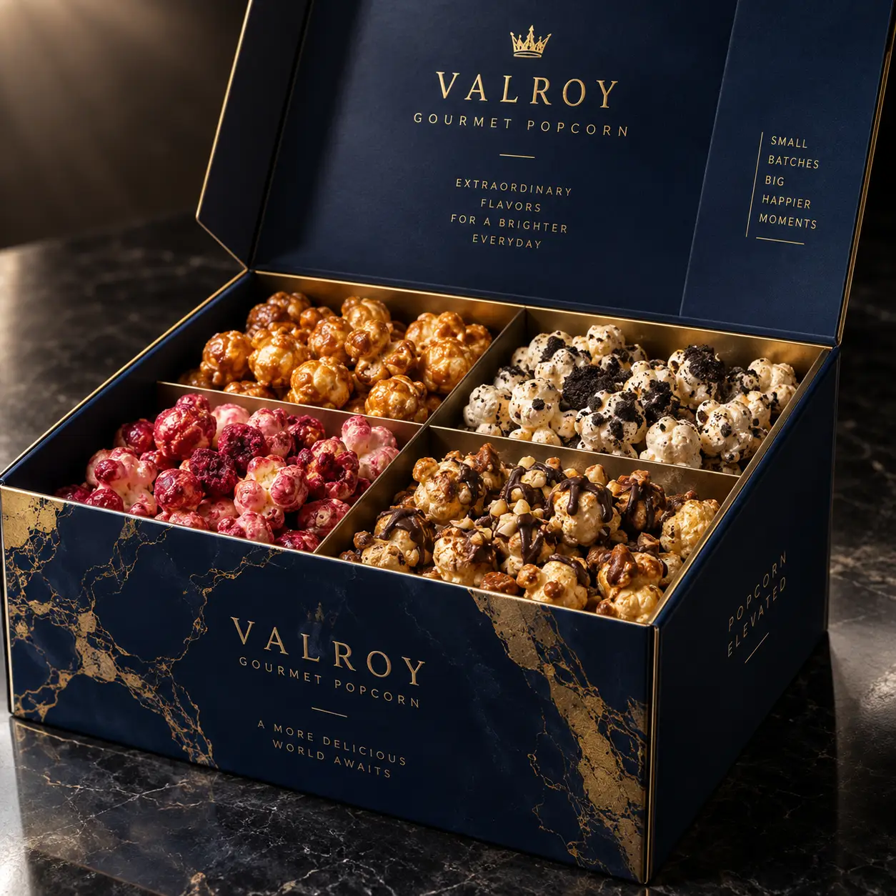 Valroy Gourmet Popcorn luxury navy blue gold marble gift box with 4 flavors including chocolate drizzle and raspberry
