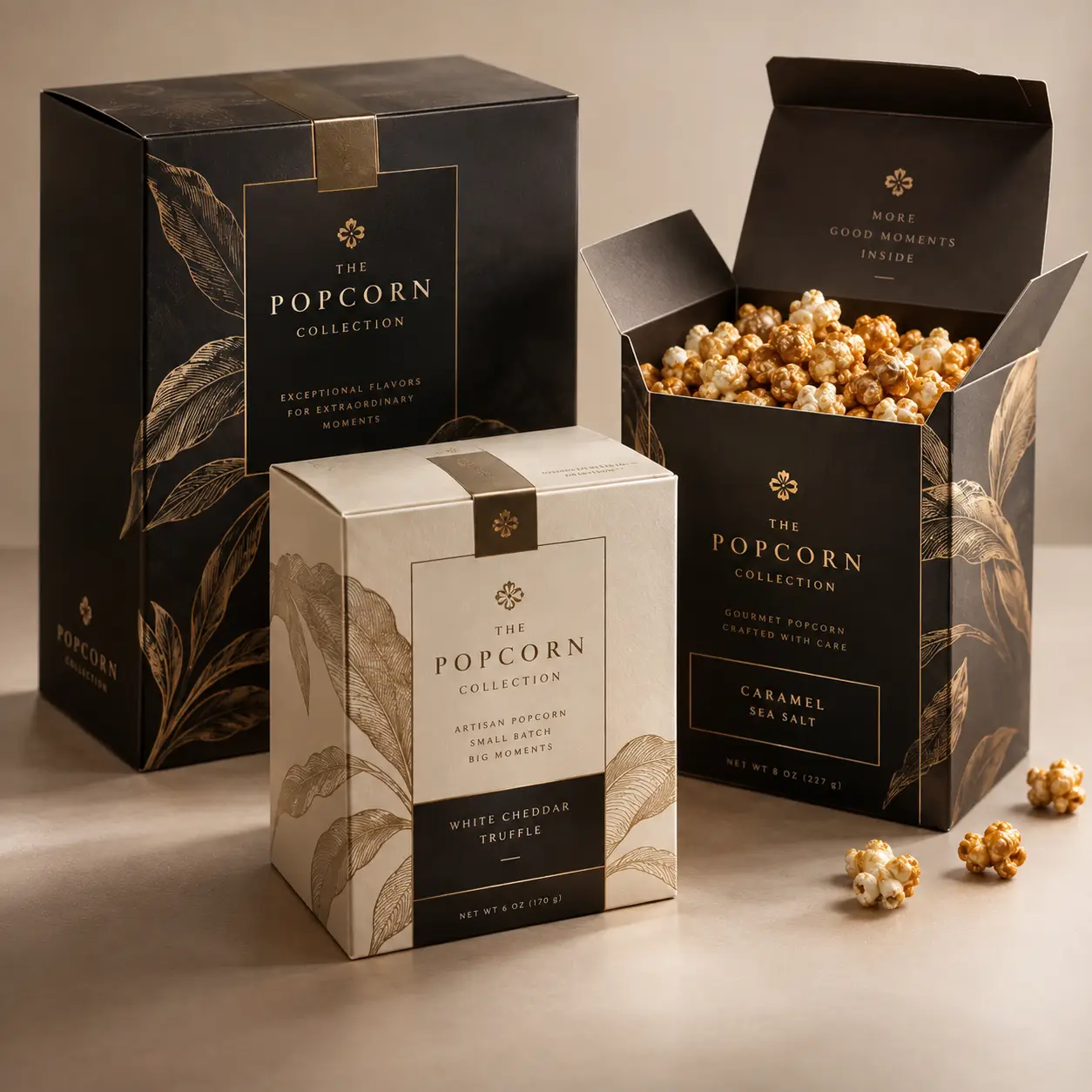 Luxury gourmet popcorn packaging design in black and cream with gold botanical prints, caramel sea salt and white cheddar truffle boxes