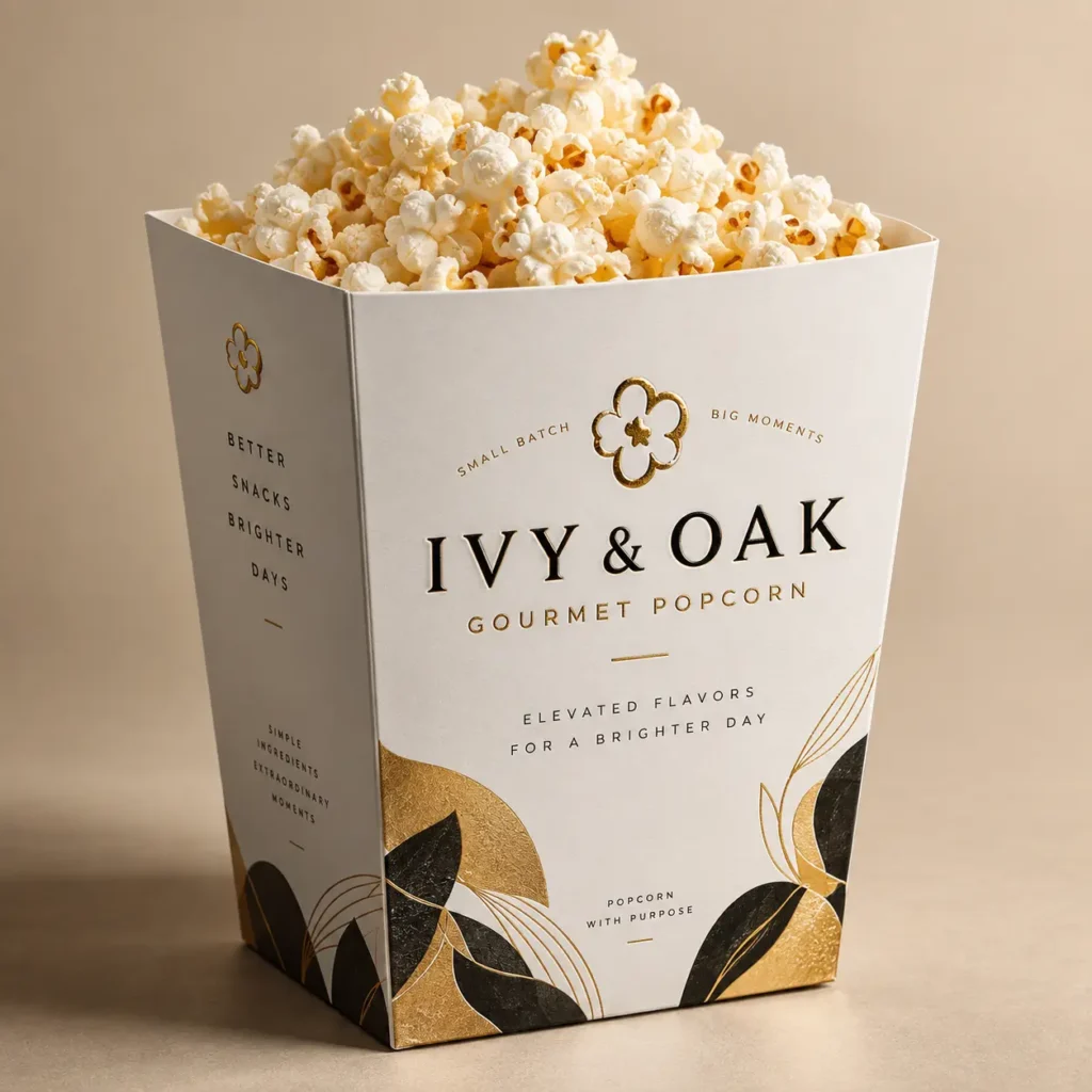Luxury Ivy & Oak gourmet popcorn box, white gold black botanical design, overflowing fresh popcorn, elegant premium packaging