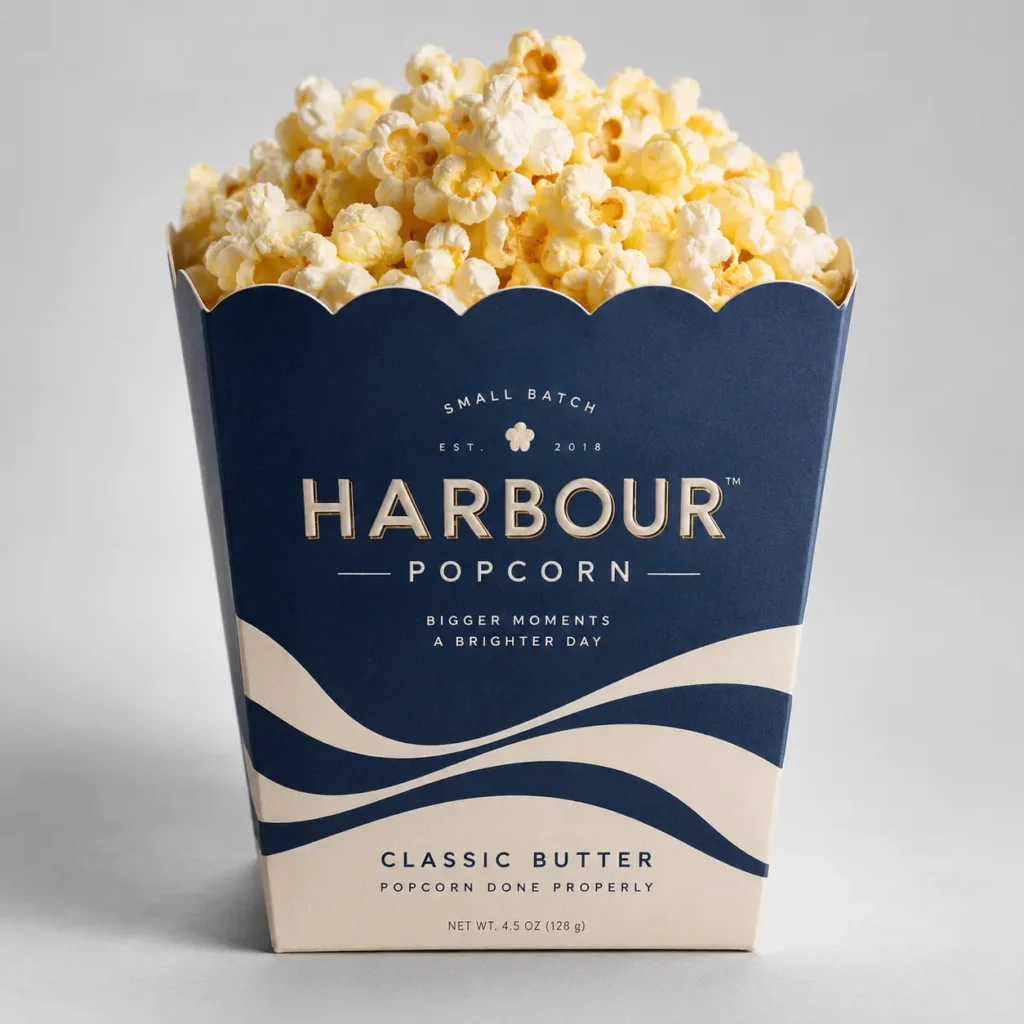 Navy blue Harbour Popcorn classic butter box, small batch EST. 2018, wave design packaging filled with fresh buttered popcorn