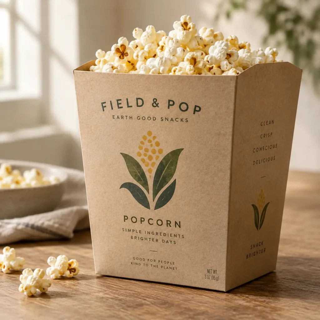 Kraft paper popcorn box packaging design for Field & Pop Earth Good Snacks, filled with fresh popcorn, natural minimalist branding