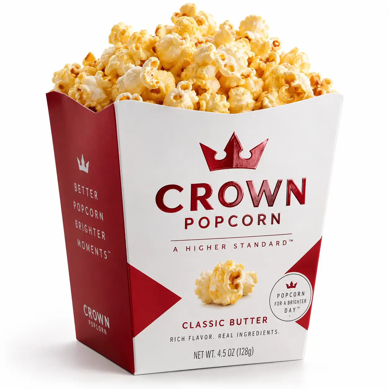Crown Popcorn Classic Butter box, red and white packaging, overflowing with golden buttery popcorn, premium snack food packaging design