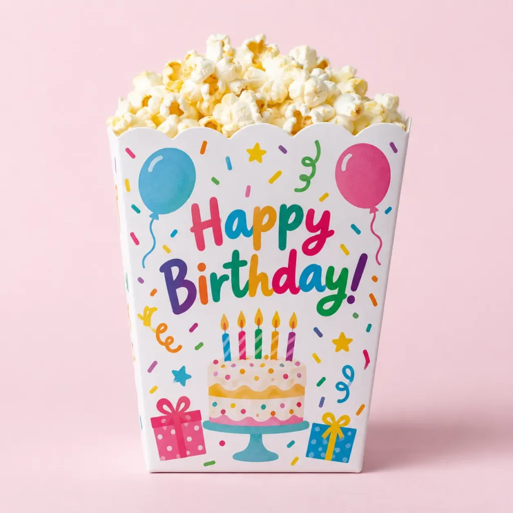 Colorful Happy Birthday popcorn box with balloons, cake, gifts, confetti, filled with white popcorn on pink background