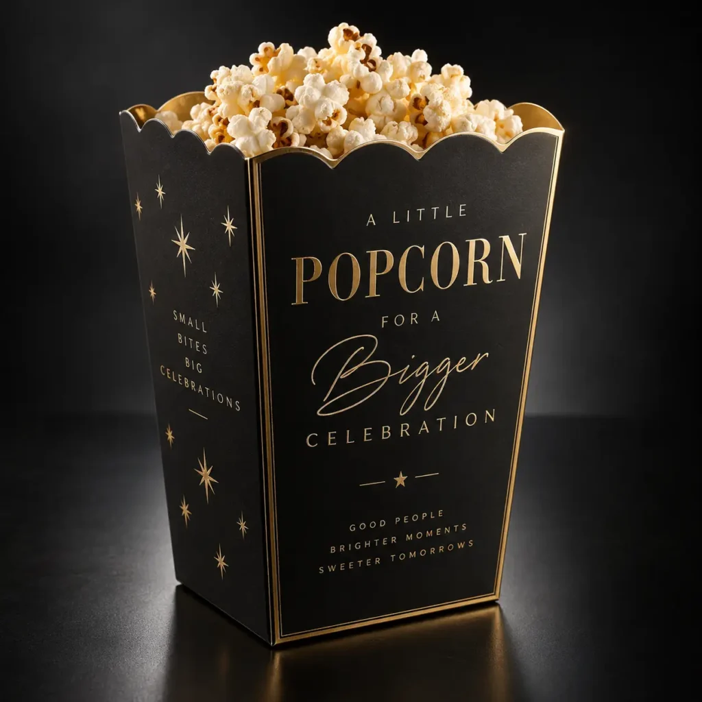 Elegant black gold foil popcorn box packaging with celebratory typography stars design filled with fresh popcorn