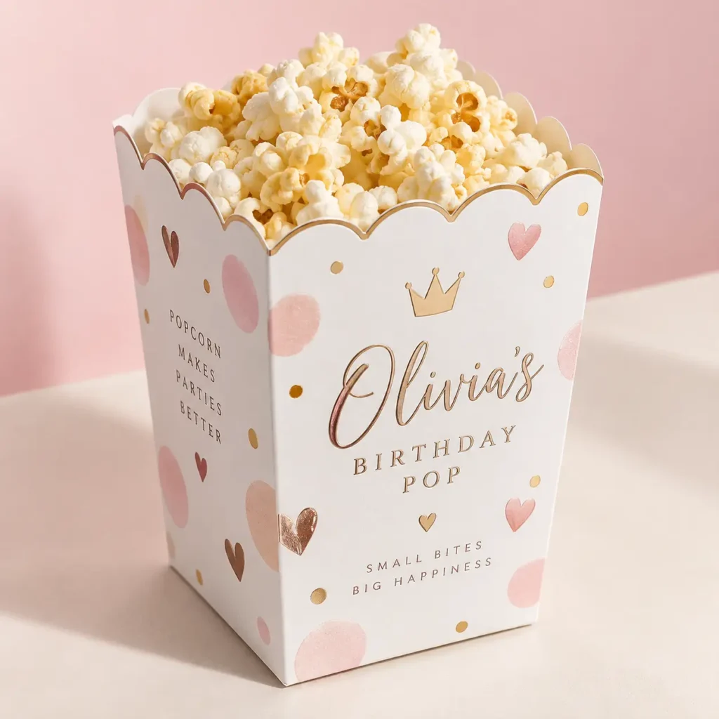 White custom birthday popcorn box with gold crown, pink hearts, filled with popcorn — personalized party favor packaging by The Packaging Masters