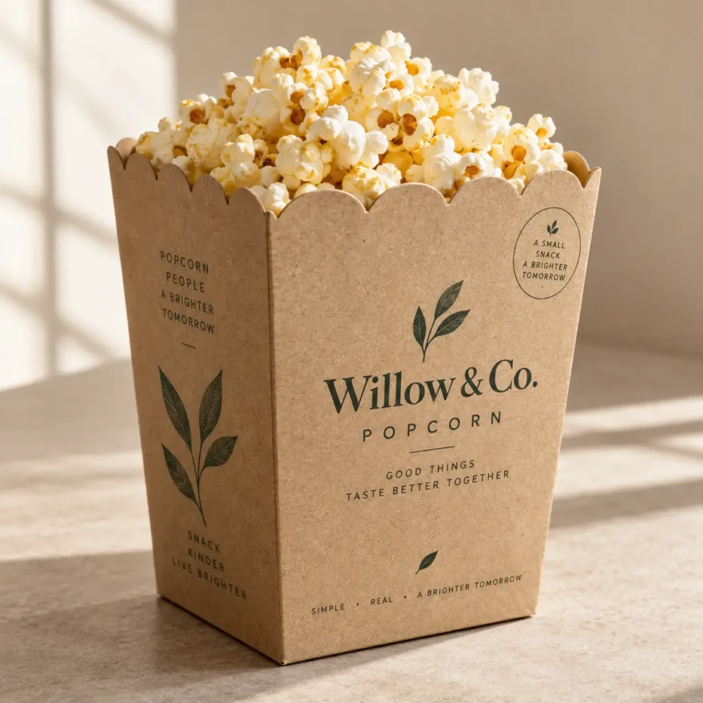 Kraft paper popcorn box packaging design for Willow & Co. with green leaf branding, scalloped edge, filled with fresh popcorn