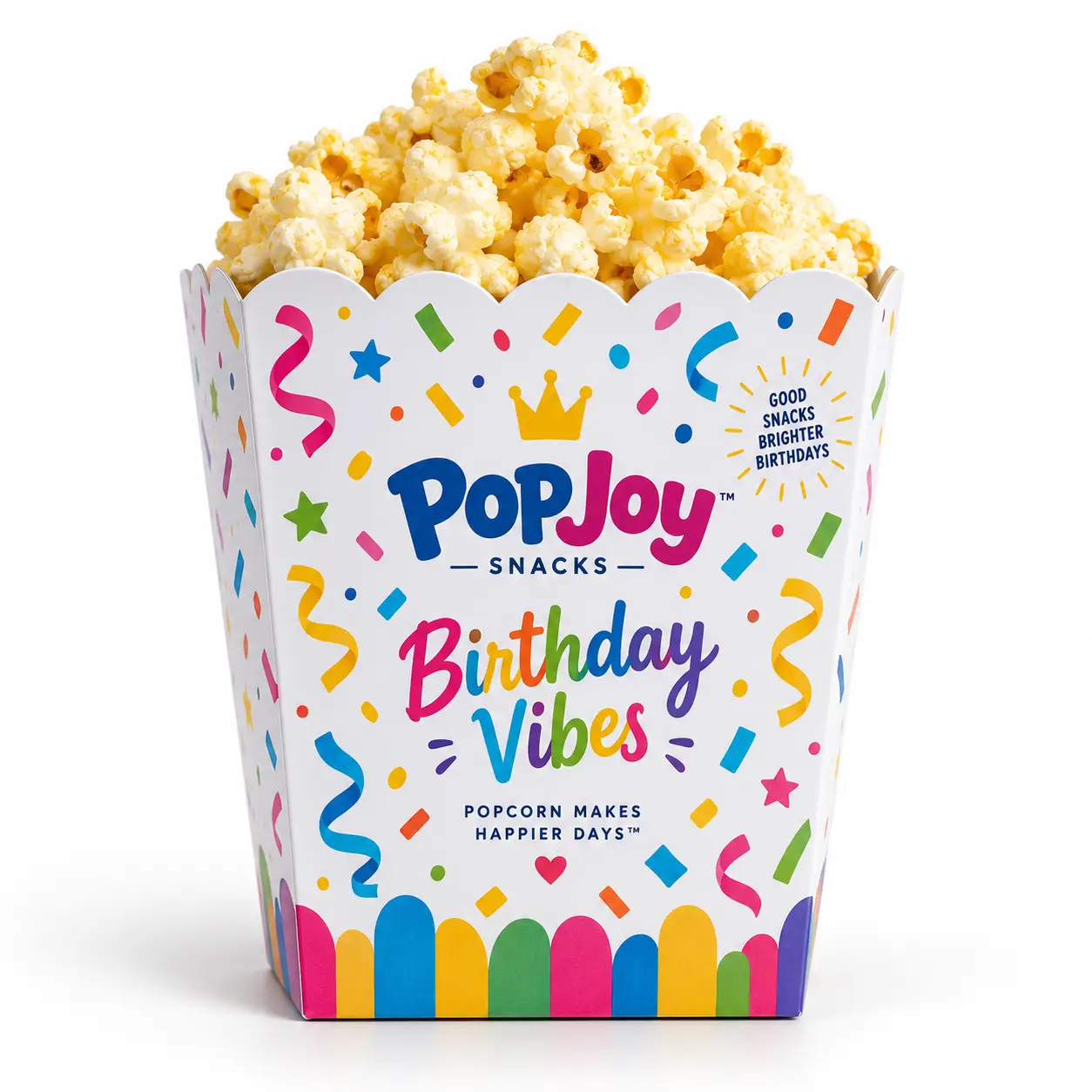 PopJoy Snacks Birthday Vibes popcorn box white colorful confetti festive birthday party packaging design
