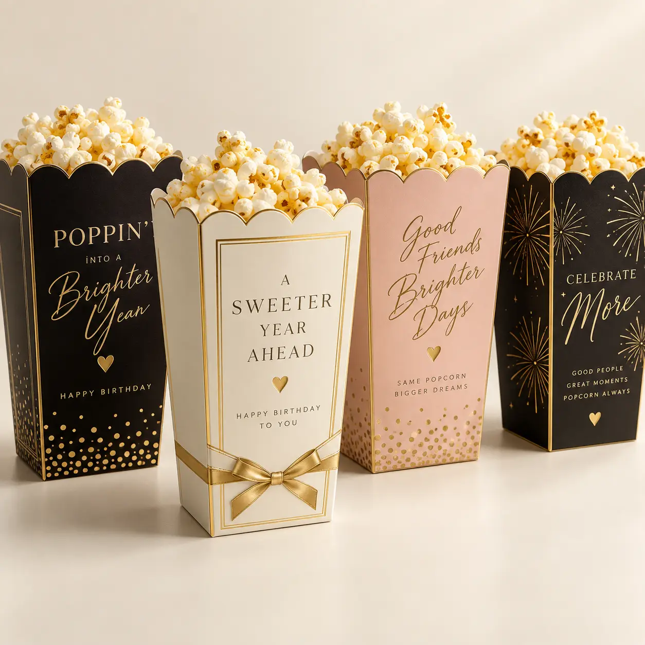 Four elegant birthday popcorn boxes in black, white, and pink with gold foil text and ribbons, filled with fresh popcorn