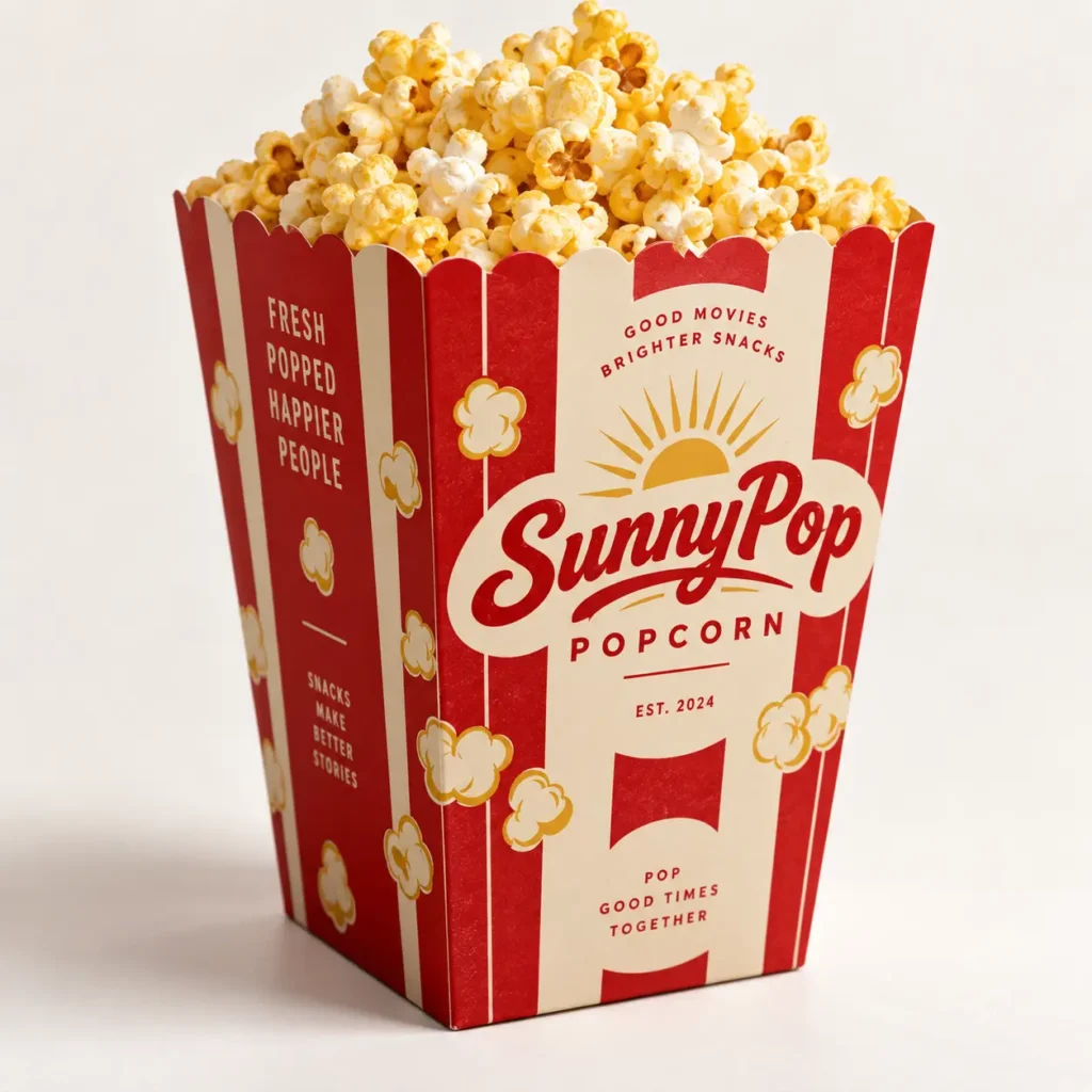 Red and cream striped SunnyPop Popcorn box overflowing with fresh buttery popcorn, retro cinema packaging design, EST. 2024