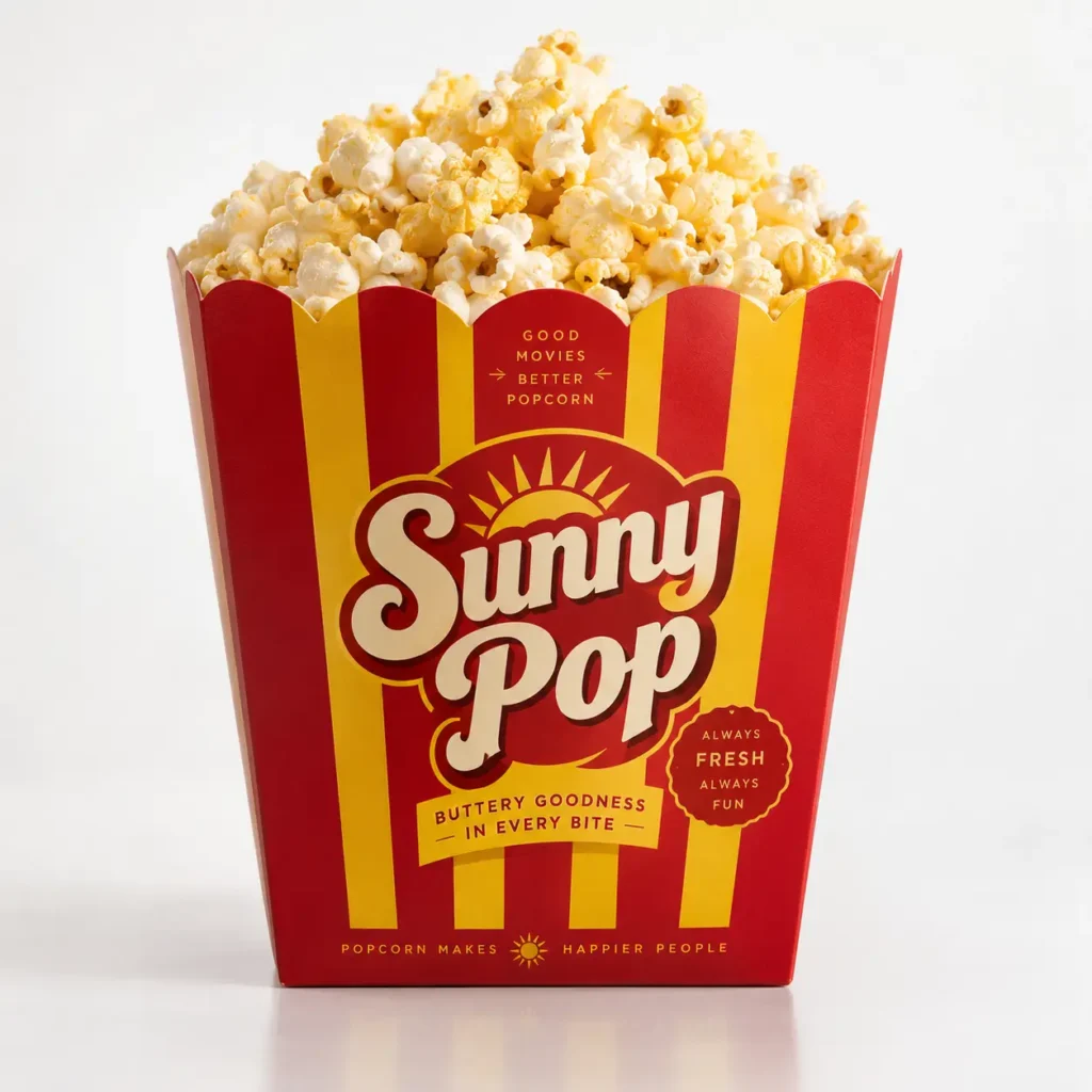 Red and yellow striped Sunny Pop popcorn box packaging overflowing with buttery popcorn, retro cinema branding design