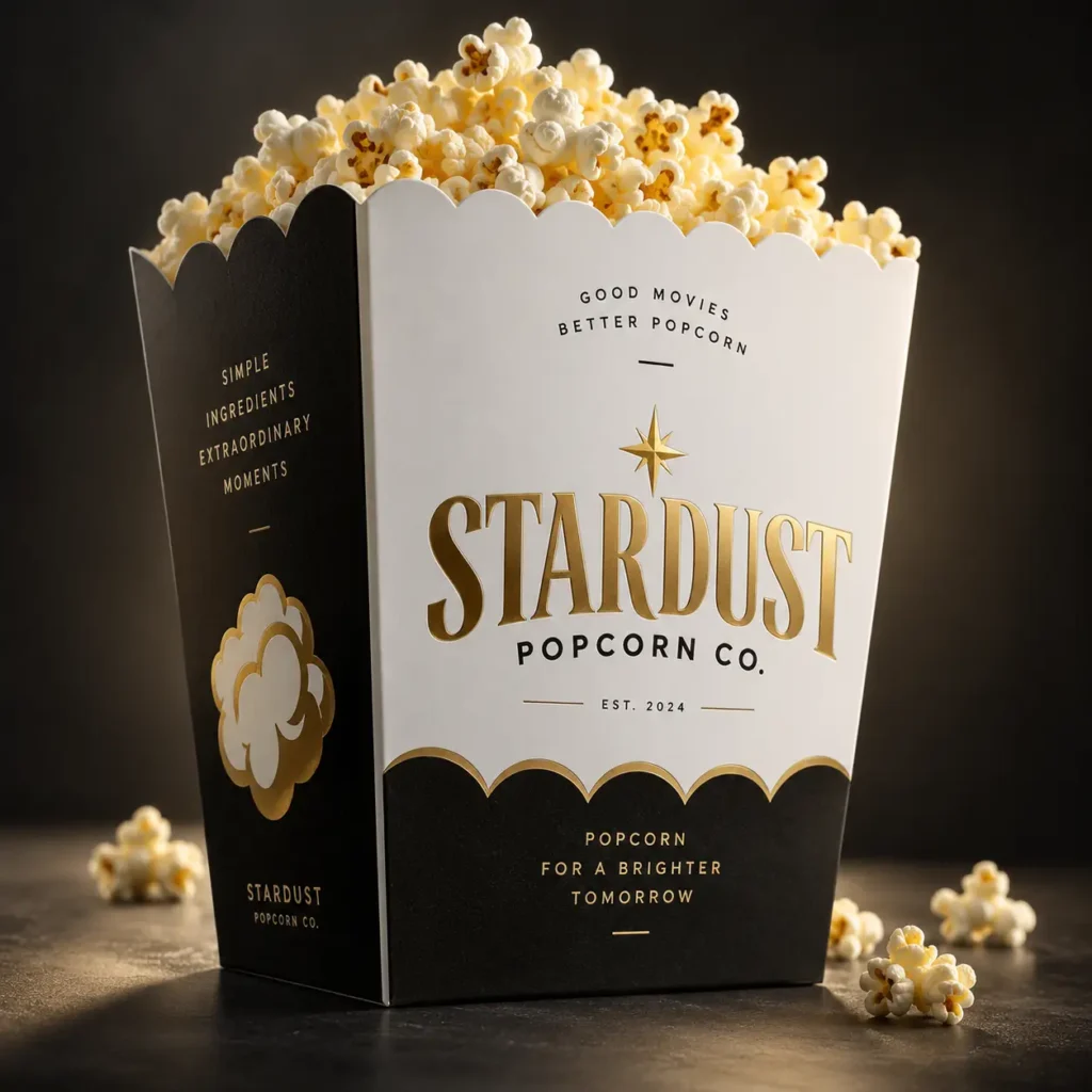 Elegant black and white Stardust Popcorn Co. box overflowing with buttery popcorn, gold foil branding, luxury food packaging design