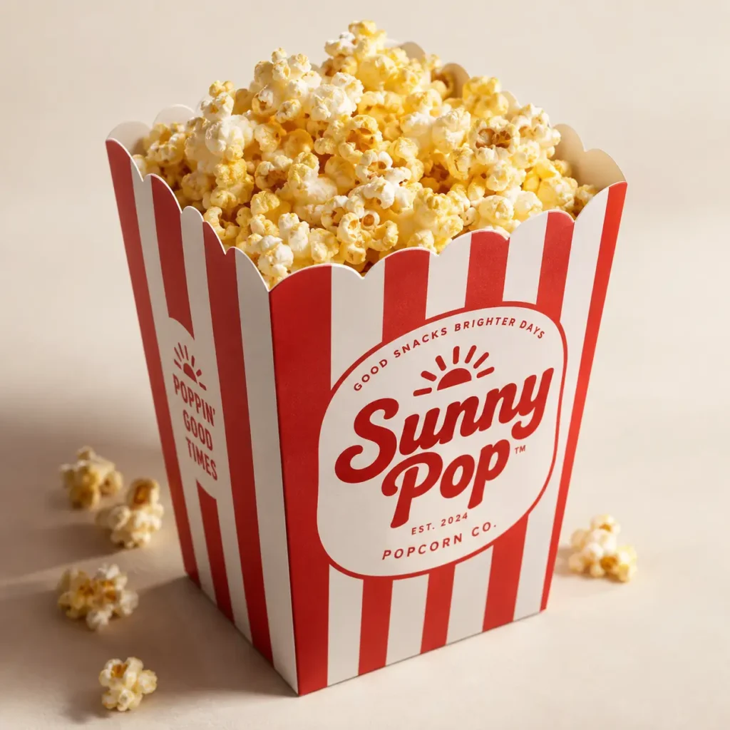 Red and white striped Sunny Pop popcorn box overflowing with buttery popcorn, classic retro custom food packaging design