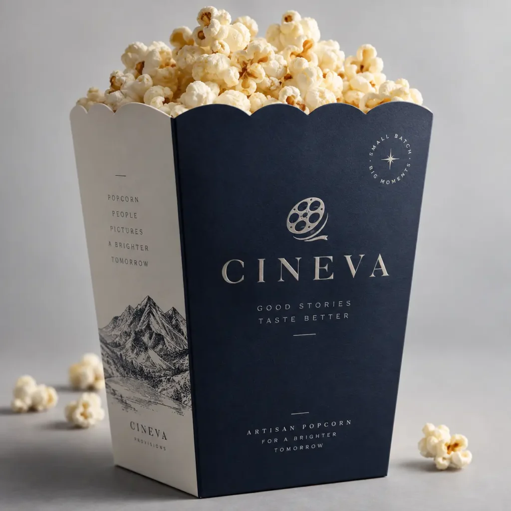 Navy blue artisan popcorn box packaging design for Cineva brand, silver foil typography, filled with fresh white popcorn, elegant cinema branding
