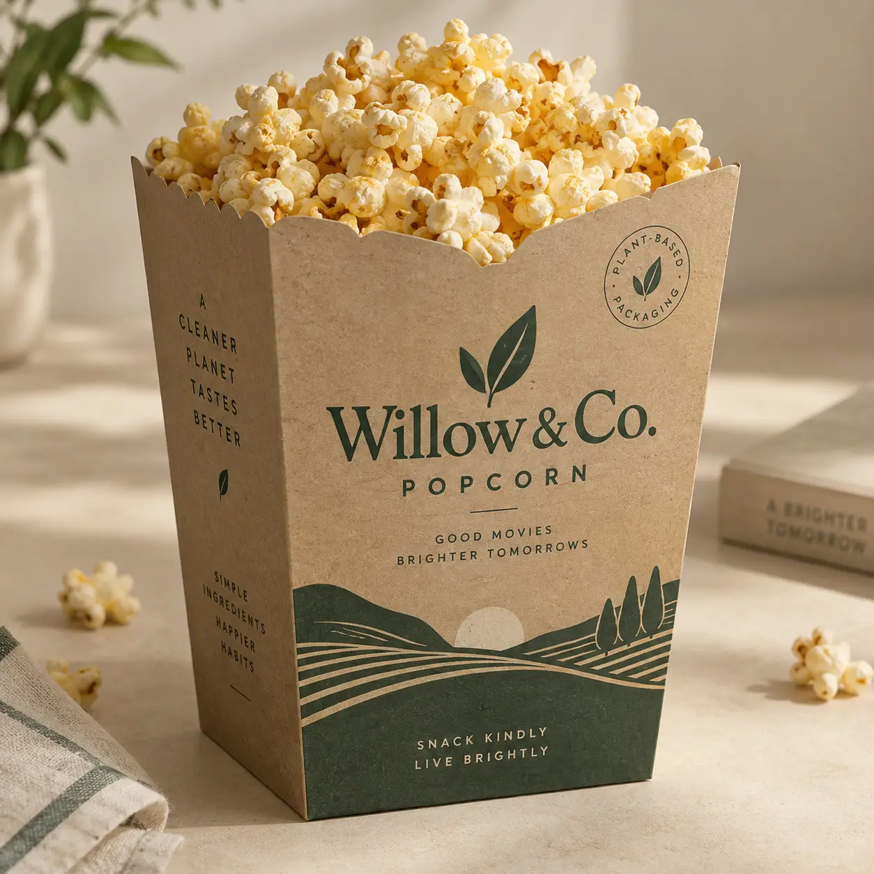 Willow & Co. kraft popcorn box with plant-based packaging, green nature illustration, overflowing buttery popcorn, eco-friendly snack branding