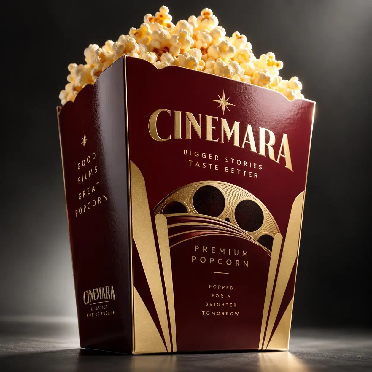 Cinemara premium popcorn box packaging design in deep burgundy and gold with art deco film reel motif, overflowing with fresh popcorn